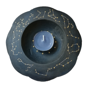 Πιατάκι αστερισμοί ζωδίων ανάγλυφο στρογγυλό τσιμεντένιο μαύρο-μπλε-χρυσό 15εκΧ3εκ - τσιμέντο, διακοσμητικά