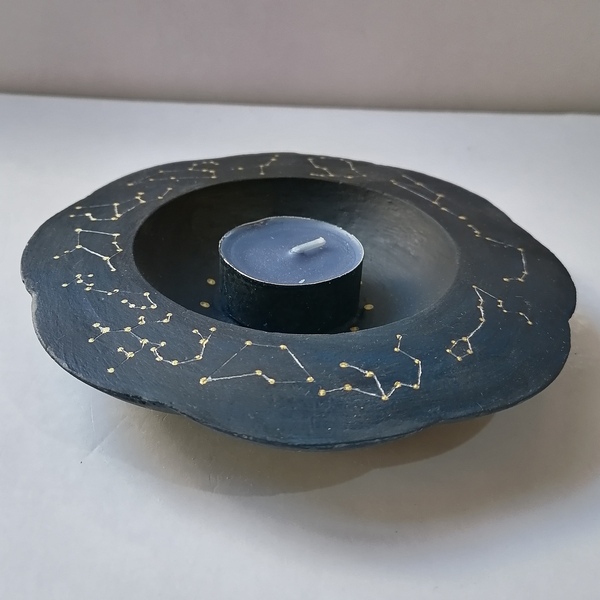 Πιατάκι αστερισμοί ζωδίων ανάγλυφο στρογγυλό τσιμεντένιο μαύρο-μπλε-χρυσό 15εκΧ3εκ - τσιμέντο, ζώδια, διακοσμητικά - 2