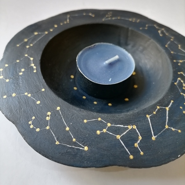 Πιατάκι αστερισμοί ζωδίων ανάγλυφο στρογγυλό τσιμεντένιο μαύρο-μπλε-χρυσό 15εκΧ3εκ - τσιμέντο, ζώδια, διακοσμητικά - 3