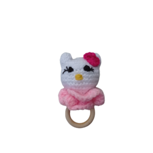 Μασητικό μωρού κουδουνίστρα γατάκι σε λευκό ροζ με ξύλινο κρικάκι. Υψος 14εκ. - κορίτσι, βρεφικά, δώρα για μωρά, κουδουνίστρα, μασητικά μωρού