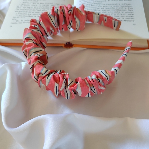 Χειροποίητη scrunchie στέκα μαλλιών υφασμάτινη με βαμβακερο ύφασμα με φυλλα σε τερακοτα βάση με μήκος 40 cm 1 τμχ - ύφασμα, στέκες μαλλιών παιδικές, στέκες - 3
