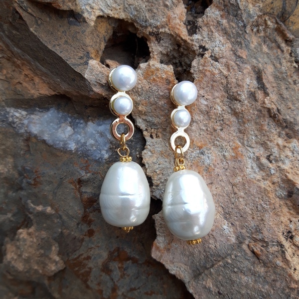 Σκουλαρίκια με μεγάλες άσπρες περλες. - ημιπολύτιμες πέτρες, επιχρυσωμένα, κρεμαστά, πέρλες, μεγάλα - 2