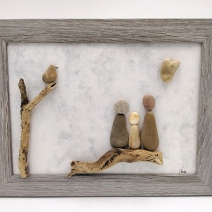 Ξύλινη επιτραπέζια ή επιτοίχια κορνίζα με βότσαλα, οικογένεια (21×16 cm) - ξύλο, δώρα γάμου, δώρα επετείου, διακοσμητικά, ιδεά για δώρο - 2