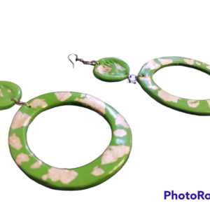Boho Chic πράσινο σκουλαρίκι με κοχύλι και φύλλα χρυσού - μήκος 12 εκ. - πλαστικό, μακριά, boho, κρεμαστά, γάντζος - 2