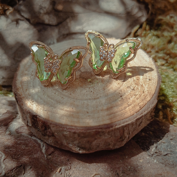 Corrupted Butterflies - Crystal Green - επιχρυσωμένα, ορείχαλκος, πεταλούδα, καρφωτά, καρφάκι - 2