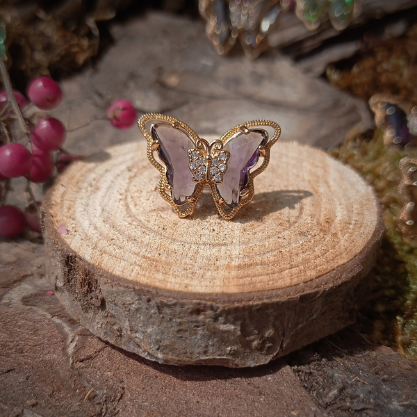 Corrupted Butterflies - Crystal Mauve - επιχρυσωμένα, ορείχαλκος, πεταλούδα, καρφωτά, καρφάκι - 2