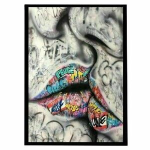 Κάδρο graffiti art " Kiss " με ξύλινη κορνίζα σε μαύρο χρώμα (32 χ 22 εκ. ) - πίνακες & κάδρα, διακόσμηση σαλονιού