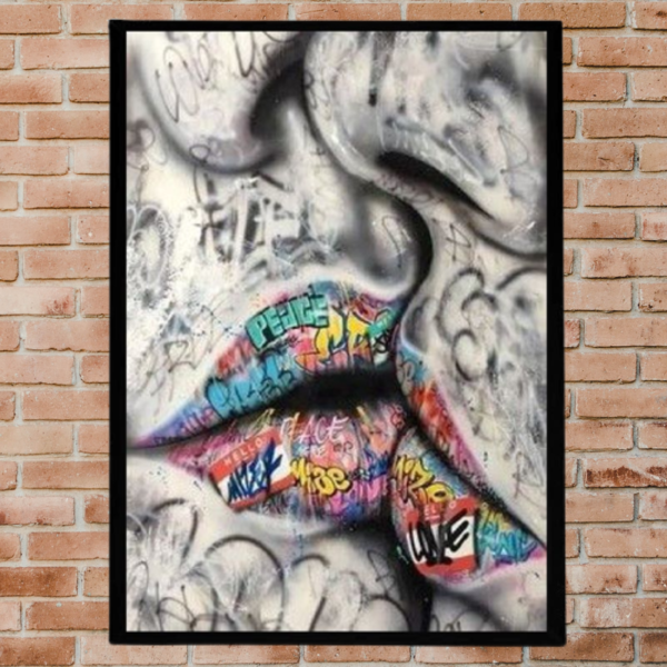 Κάδρο graffiti art " Kiss " με ξύλινη κορνίζα σε μαύρο χρώμα (32 χ 22 εκ. ) - πίνακες & κάδρα, διακόσμηση σαλονιού - 3