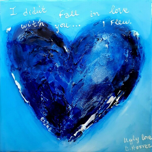 Ugly love, Colleen Hoover inspired. Χειροποίητος πίνακας ζωγραφικής με ανάγλυφη καρδιά, 20χ20εκατοστα, βάθος 4εκ, υγρό γυαλί - πίνακες & κάδρα, χειροποίητα, πίνακες ζωγραφικής - 3