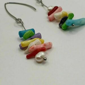 Χρωματιστά σκουλαρίκια boho με ημιπολύτιμες χάντρες κοράλι και μαργαριτάρια - multicolour - ημιπολύτιμες πέτρες, κοράλλι, μαργαριτάρι, ατσάλι, boho, κρεμαστά - 2
