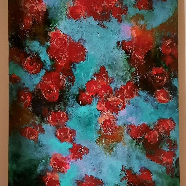 white red roses. Χειροποίητος πίνακας ζωγραφικής με ακρυλικά χρώματα και ανάγλυφες υφές. Διάσταση 90χ60χ2εκ - πίνακες & κάδρα, χειροποίητα, πίνακες ζωγραφικής - 2