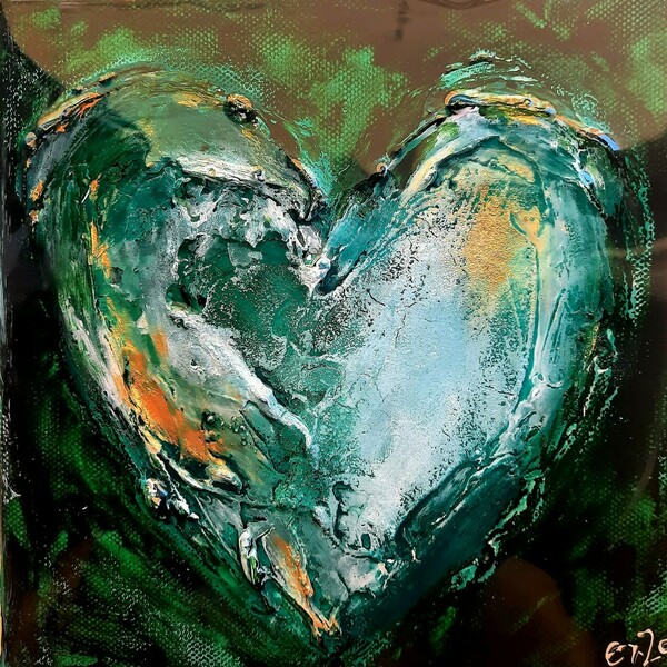 Green heart.Χειροποίητος πίνακας ζωγραφικής σε τελαρωμένο καμβά, με ακρυλικά και υφές περασμένο σε υγρό γυαλί. Διάσταση 20χ20χ4 - γυαλί, πίνακες & κάδρα, πίνακες ζωγραφικής