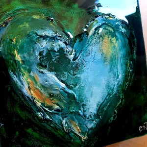Green heart.Χειροποίητος πίνακας ζωγραφικής σε τελαρωμένο καμβά, με ακρυλικά και υφές περασμένο σε υγρό γυαλί. Διάσταση 20χ20χ4 - γυαλί, πίνακες & κάδρα, πίνακες ζωγραφικής - 3