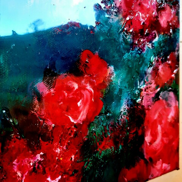 Roses of glass.Χειροποιήτος πίνακας ζωγραφικής σε καμβά, με ακρυλικά χρώματα, υφές και υγρό γυαλί. Διασταση 20χ20χ4εκ - γυαλί, πίνακες & κάδρα, χειροποίητα, πίνακες ζωγραφικής - 2