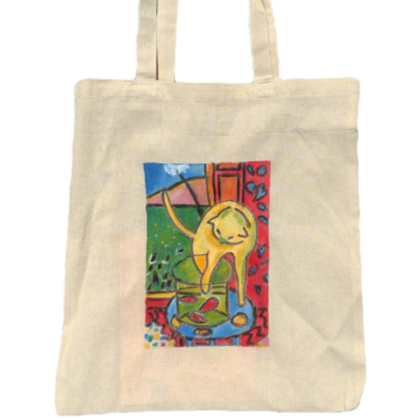 Πάνινη τσάντα ώμου tote bag ζωγραφισμένη στο χέρι. Η κίτρινη γάτα του ζωγράφου Henri Matisse. Διαστάσεις 44 εκ ύψος, 39 εκ πλάτος. - ύφασμα, ώμου, all day, tote, πάνινες τσάντες