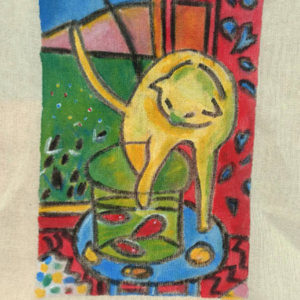 Πάνινη τσάντα ώμου tote bag ζωγραφισμένη στο χέρι. Η κίτρινη γάτα του ζωγράφου Henri Matisse. Διαστάσεις 44 εκ ύψος, 39 εκ πλάτος. - ύφασμα, ώμου, all day, tote, πάνινες τσάντες - 4