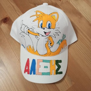 παιδικό καπέλο jockey με όνομα και θέμα tails the fox από sonic ( σόνικ ) - ζωγραφισμένα στο χέρι, όνομα - μονόγραμμα, personalised, καπέλα - 2