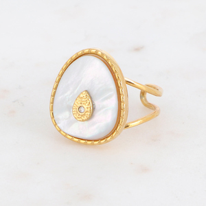 Χρυσό δαχτυλίδι με σταγόνα ζιργκόν σε τρίγωνο λευκό φίλντισι - επιχρυσωμένα, δάκρυ, ατσάλι, μεγάλα, αυξομειούμενα