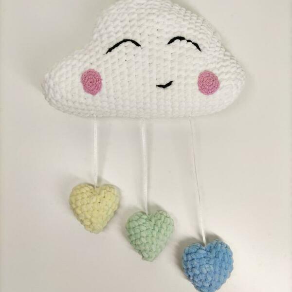 Πλεκτο βελουτε συννεφο με 3 καρδιες / Velvet crochet cloud with 3 hearts - λούτρινα