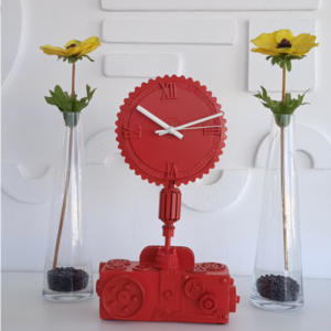 Ρολόι  επιτραπέζιο χειροποίητο από ξύλο μέταλλο και πλαστικό ,σε  κόκκινο    χρώμα - ξύλο, επιτραπέζια - 2