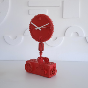 Ρολόι  επιτραπέζιο χειροποίητο από ξύλο μέταλλο και πλαστικό ,σε  κόκκινο    χρώμα - ξύλο, επιτραπέζια - 3