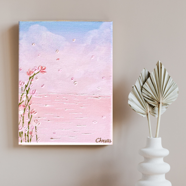 canva painting "pink river" 15x20cm - πίνακες & κάδρα, λουλούδια, πίνακες ζωγραφικής