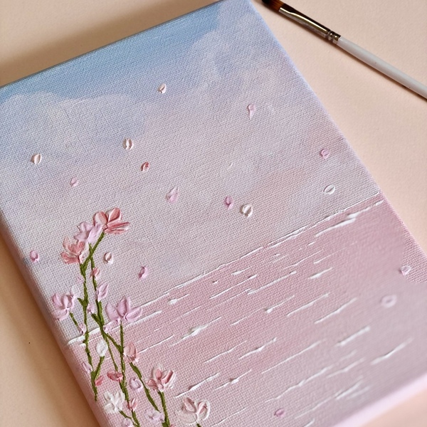 canva painting "pink river" 15x20cm - πίνακες & κάδρα, λουλούδια, πίνακες ζωγραφικής - 2