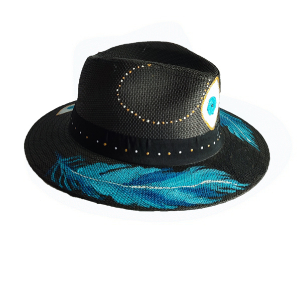 Ψάθινο καπέλο ζωγραφισμένο -Blue Feathers - ψάθινα - 3