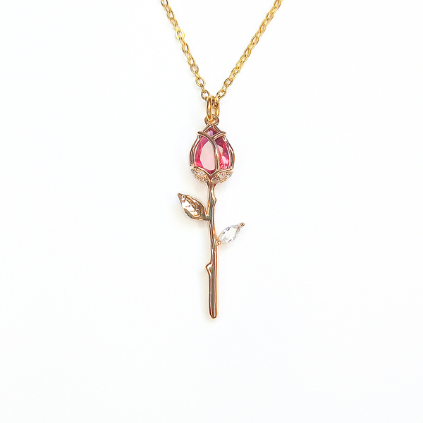 Rose of the Forbidden Garden | Κολιέ με ατσάλινη αλυσίδα και ορειχάλκινο μοτίφ τριαντάφυλλο - μήκος 40 εκ. - charms, επιχρυσωμένα, ορείχαλκος, λουλούδι, ατσάλι