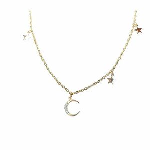 Χρυσό Ατσάλινο Κολιέ με Ημισέληνο και Ζιργκόν 41εκ - charms, επιχρυσωμένα, φεγγάρι, κοντά, ατσάλι