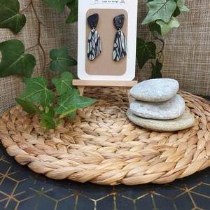 "Green and Gray Geometric Stone ΙI - Drop" I Χειροποίητα κρεμαστά σκουλαρίκια από πολυμερικό πηλό -7,5 cm - χρώμα γκρι / λευκό / πράσινο - πηλός, ατσάλι, κρεμαστά, μεγάλα, καρφάκι - 4