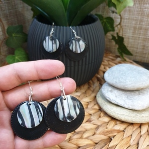 "Green and Gray Geometric Stone ΙII - Circles" I Χειροποίητα κρεμαστά σκουλαρίκια από πολυμερικό πηλό -6 cm - χρώμα γκρι / λευκό / πράσινο - πηλός, boho, κρεμαστά, γάντζος, φθηνά - 3