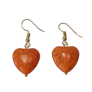 Σκουλαρίκια με πορτοκαλί καρδιές χαολίτη - ημιπολύτιμες πέτρες, επιχρυσωμένα, μικρά, boho, κρεμαστά
