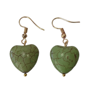 Σκουλαρίκια με πράσινες καρδιές χαολίτη - ημιπολύτιμες πέτρες, επιχρυσωμένα, μικρά, boho, κρεμαστά