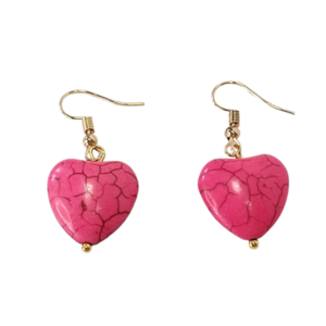 Σκουλαρίκια με φούξια καρδιές χαολίτη - ημιπολύτιμες πέτρες, επιχρυσωμένα, μικρά, boho, κρεμαστά