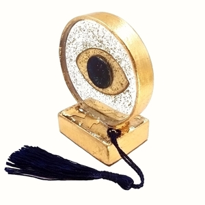 επιτραπέζιο γούρι ρόδι υγρό γυαλί χρυσό μπλε μάτι 9Χ7Χ4 - γυαλί, ρόδι, γούρια - 2