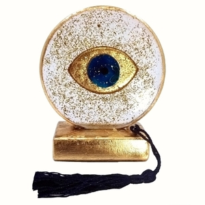 επιτραπέζιο γούρι ρόδι υγρό γυαλί χρυσό μπλε μάτι 10Χ9Χ4 - γυαλί, ρόδι, γούρια