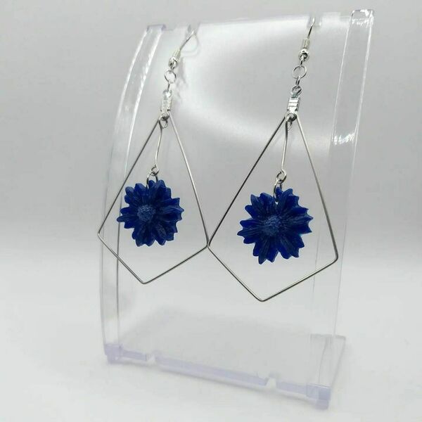 Custom made σκουλαρίκια boho από υγρό γυαλί σε σχήμα λουλούδι - σκούρο μπλε - γυαλί, λουλούδι, ατσάλι, boho, φθηνά - 4