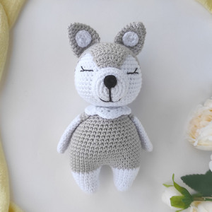 Πλεκτό κουκλάκι γκρι σκυλάκι amigurumi - ύψος 16 εκ - λούτρινα, σκυλάκι, amigurumi, δώρο για βάφτιση - 3