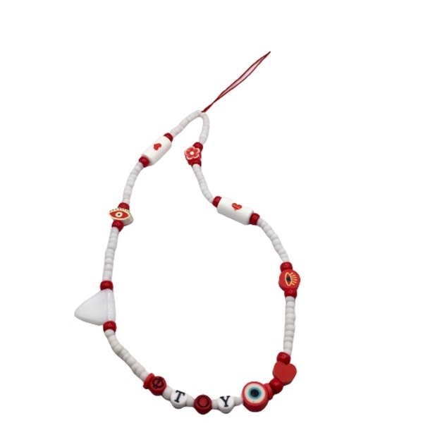 Phone strap - Λουράκι για το κινητό red & white με κόκκινες και λευκές χάντρες - statement, charms, λουράκια