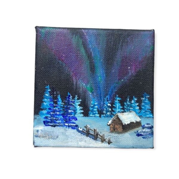 Καμβαδάκι ζωγραφισμένο με ακρυλικά. Χιονισμένο χειμωνιάτικο τοπίο. Διαστάσεις 10 εκ * 10 εκ. - ζωγραφισμένα στο χέρι, πίνακες & κάδρα, πίνακες ζωγραφικής