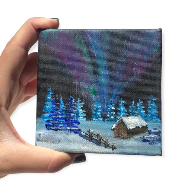 Καμβαδάκι ζωγραφισμένο με ακρυλικά. Χιονισμένο χειμωνιάτικο τοπίο. Διαστάσεις 10 εκ * 10 εκ. - ζωγραφισμένα στο χέρι, πίνακες & κάδρα, πίνακες ζωγραφικής - 2