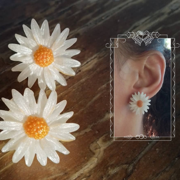 Καρφωτά σκουλαρίκια μαργαρίτες Λευκό περλέ 22mm - γυαλί, λουλούδι, καρφωτά, μικρά, καρφάκι - 2
