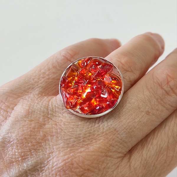 Δαχτυλίδι στρογγυλό με πορτοκαλί τσιπς - ημιπολύτιμες πέτρες, γεωμετρικά σχέδια, μεγάλα, αυξομειούμενα, φθηνά - 3