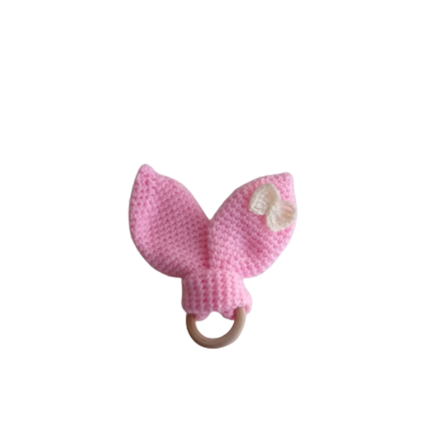 Ξύλινο μασητικό κρικάκι οδοντοφυΐας ροζ αυτάκια με φιογκάκι. Υψος 16,5εκ. - κορίτσι, βρεφικά, amigurumi, δώρα για μωρά, μασητικά μωρού