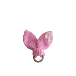Ξύλινο μασητικό κρικάκι οδοντοφυΐας ροζ αυτάκια με φιογκάκι. Υψος 16,5εκ. - κορίτσι, βρεφικά, amigurumi, δώρα για μωρά, μασητικά μωρού