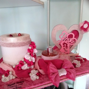 Σύνθεση με κερί-αρωματιστή-ξύλινη καρδιά ζευγάρι ροζ 30×15×15cm - ύφασμα, αγ. βαλεντίνου, αρωματικό χώρου, πιατάκια & δίσκοι, κεριά & κηροπήγια - 2