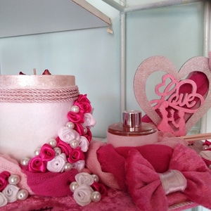 Σύνθεση με κερί-αρωματιστή-ξύλινη καρδιά ζευγάρι ροζ 30×15×15cm - ύφασμα, αγ. βαλεντίνου, αρωματικό χώρου, πιατάκια & δίσκοι, κεριά & κηροπήγια - 3