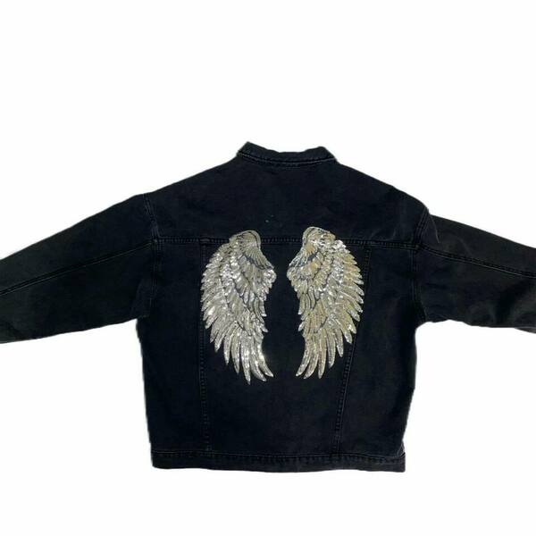 Trendy Oversized Denim Jacket - Detail on the back / Sequin Silver Angel Wings/ Black - βαμβάκι