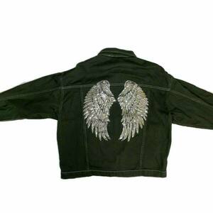 Trendy Oversized Denim Jacket - Detail on the back / Sequin Silver Angel Wings/ Khaki - βαμβάκι